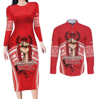 Custom Tonga Rugby Mate Ma'a Couples Matching Long Sleeve Bodycon Dress and Long Sleeve Button Shirt Tongan Pride Unique Style LT05 Red - Polynesian Pride