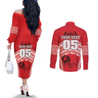 Custom Tonga Rugby Mate Ma'a Couples Matching Off The Shoulder Long Sleeve Dress and Long Sleeve Button Shirt Tongan Pride Unique Style LT05 - Polynesian Pride