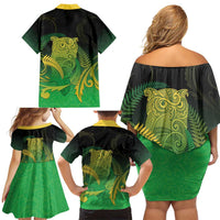 New Zealand Aotearoa Ruru Family Matching Off Shoulder Short Dress and Hawaiian Shirt Maori Fern Art Green LT05 - Polynesian Pride