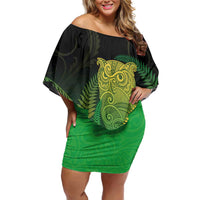 New Zealand Aotearoa Ruru Family Matching Off Shoulder Short Dress and Hawaiian Shirt Maori Fern Art Green LT05 Mom's Dress Green - Polynesian Pride