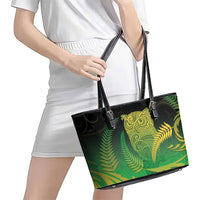 New Zealand Aotearoa Ruru Leather Tote Bag Maori Fern Art Green