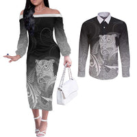 New Zealand Aotearoa Ruru Couples Matching Off The Shoulder Long Sleeve Dress and Long Sleeve Button Shirt Maori Fern Art Black LT05 Black - Polynesian Pride