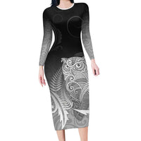 New Zealand Aotearoa Ruru Family Matching Long Sleeve Bodycon Dress and Hawaiian Shirt Maori Fern Art Black LT05 Mom's Dress Black - Polynesian Pride