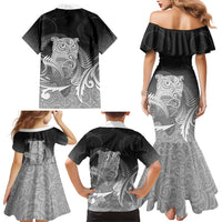 New Zealand Aotearoa Ruru Family Matching Mermaid Dress and Hawaiian Shirt Maori Fern Art Black LT05 - Polynesian Pride