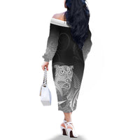 New Zealand Aotearoa Ruru Family Matching Off The Shoulder Long Sleeve Dress and Hawaiian Shirt Maori Fern Art Black