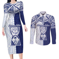 Personalised Northern Mariana Islands And Guam Couples Matching Long Sleeve Bodycon Dress and Long Sleeve Button Shirt Latte Stone With Tribal Pattern
