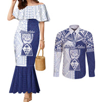 Personalised Northern Mariana Islands And Guam Couples Matching Mermaid Dress and Long Sleeve Button Shirt Latte Stone With Tribal Pattern