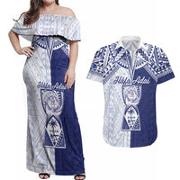 Personalised Northern Mariana Islands And Guam Couples Matching Off Shoulder Maxi Dress and Hawaiian Shirt Latte Stone With Tribal Pattern