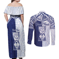 Personalised Northern Mariana Islands And Guam Couples Matching Off Shoulder Maxi Dress and Long Sleeve Button Shirt Latte Stone With Tribal Pattern LT05 - Polynesian Pride