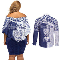 Personalised Northern Mariana Islands And Guam Couples Matching Off Shoulder Short Dress and Long Sleeve Button Shirt Latte Stone With Tribal Pattern