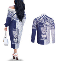 Personalised Northern Mariana Islands And Guam Couples Matching Off The Shoulder Long Sleeve Dress and Long Sleeve Button Shirt Latte Stone With Tribal Pattern LT05 - Polynesian Pride
