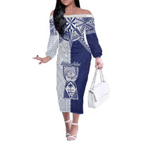 Personalised Northern Mariana Islands And Guam Family Matching Off The Shoulder Long Sleeve Dress and Hawaiian Shirt Latte Stone With Tribal Pattern LT05 Mom's Dress Blue - Polynesian Pride