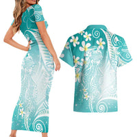 Polynesian Jellyfish Couples Matching Short Sleeve Bodycon Dress and Hawaiian Shirt With Plumeria Teal LT05 - Polynesian Pride