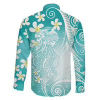 Polynesian Jellyfish Family Matching Summer Maxi Dress and Hawaiian Shirt With Plumeria Teal