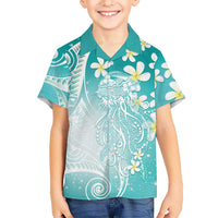 Polynesian Jellyfish Family Matching Summer Maxi Dress and Hawaiian Shirt With Plumeria Teal