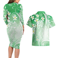 Polynesian Jellyfish Couples Matching Long Sleeve Bodycon Dress and Hawaiian Shirt With Plumeria Green LT05 - Polynesian Pride