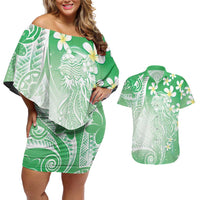 Polynesian Jellyfish Couples Matching Off Shoulder Short Dress and Hawaiian Shirt With Plumeria Green LT05 Green - Polynesian Pride