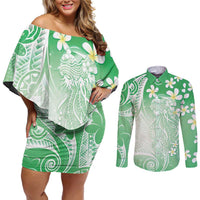 Polynesian Jellyfish Couples Matching Off Shoulder Short Dress and Long Sleeve Button Shirt With Plumeria Green LT05 Green - Polynesian Pride