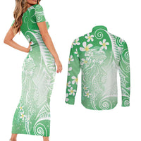 Polynesian Jellyfish Couples Matching Short Sleeve Bodycon Dress and Long Sleeve Button Shirt With Plumeria Green LT05 - Polynesian Pride