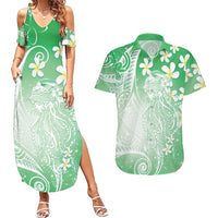 Polynesian Jellyfish Couples Matching Summer Maxi Dress and Hawaiian Shirt With Plumeria Green LT05 Green - Polynesian Pride