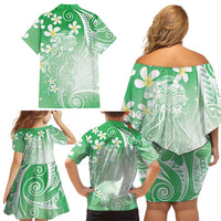 Polynesian Jellyfish Family Matching Off Shoulder Short Dress and Hawaiian Shirt With Plumeria Green