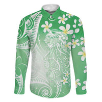 Polynesian Jellyfish Family Matching Puletasi and Hawaiian Shirt With Plumeria Green LT05 Dad's Shirt - Long Sleeve Green - Polynesian Pride