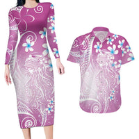 Polynesian Jellyfish Couples Matching Long Sleeve Bodycon Dress and Hawaiian Shirt With Plumeria Pink LT05 Pink - Polynesian Pride