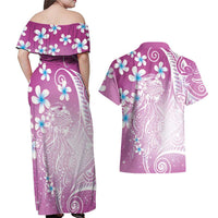 Polynesian Jellyfish Couples Matching Off Shoulder Maxi Dress and Hawaiian Shirt With Plumeria Pink LT05 - Polynesian Pride