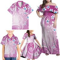 Polynesian Jellyfish Family Matching Off Shoulder Maxi Dress and Hawaiian Shirt With Plumeria Pink