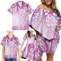 Polynesian Jellyfish Family Matching Off Shoulder Short Dress and Hawaiian Shirt With Plumeria Pink