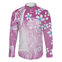 Polynesian Jellyfish Family Matching Short Sleeve Bodycon Dress and Hawaiian Shirt With Plumeria Pink LT05 Dad's Shirt - Long Sleeve Pink - Polynesian Pride
