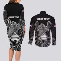 American Samoa Flag Day Couples Matching Long Sleeve Bodycon Dress and Long Sleeve Button Shirt Bald Eagle With Polynesian Pattern