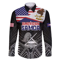 Personalised American Samoa Flag Day Family Matching Off The Shoulder Long Sleeve Dress and Hawaiian Shirt Bald Eagle With Polynesian Pattern LT05 Dad's Shirt - Long Sleeve Black - Polynesian Pride