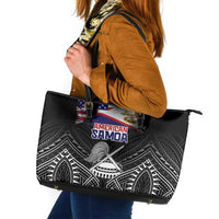 American Samoa Flag Day Leather Tote Bag Bald Eagle With Polynesian Pattern LT05 Black - Polynesian Pride