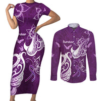 Personalised Fibromyalgia Awareness Couples Matching Short Sleeve Bodycon Dress and Long Sleeve Button Shirt Polynesian Purple Ribbon