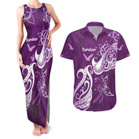Personalised Fibromyalgia Awareness Couples Matching Tank Maxi Dress and Hawaiian Shirt Polynesian Purple Ribbon