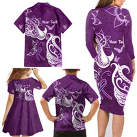 Personalised Fibromyalgia Awareness Family Matching Long Sleeve Bodycon Dress and Hawaiian Shirt Polynesian Purple Ribbon