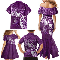 Personalised Fibromyalgia Awareness Family Matching Mermaid Dress and Hawaiian Shirt Polynesian Purple Ribbon