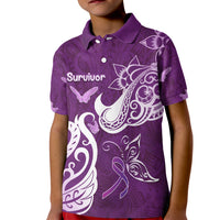 Personalised Fibromyalgia Awareness Kid Polo Shirt Polynesian Purple Ribbon