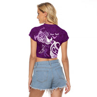 Personalised Fibromyalgia Awareness Raglan Cropped T Shirt Polynesian Purple Ribbon