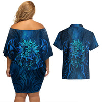 New Zealand Dream Catcher Couples Matching Off Shoulder Short Dress and Hawaiian Shirt Maori Koru Pattern Blue Version LT05 - Polynesian Pride