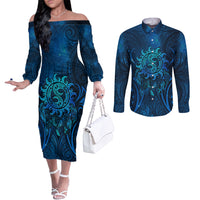New Zealand Dream Catcher Couples Matching Off The Shoulder Long Sleeve Dress and Long Sleeve Button Shirt Maori Koru Pattern Blue Version LT05 Blue - Polynesian Pride