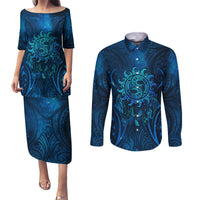 New Zealand Dream Catcher Couples Matching Puletasi and Long Sleeve Button Shirt Maori Koru Pattern Blue Version