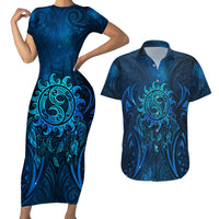 New Zealand Dream Catcher Couples Matching Short Sleeve Bodycon Dress and Hawaiian Shirt Maori Koru Pattern Blue Version