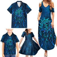 New Zealand Dream Catcher Family Matching Summer Maxi Dress and Hawaiian Shirt Maori Koru Pattern Blue Version LT05 - Polynesian Pride