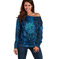 New Zealand Dream Catcher Off Shoulder Sweater Maori Koru Pattern Blue Version