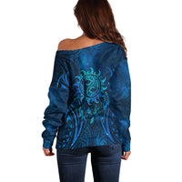 New Zealand Dream Catcher Off Shoulder Sweater Maori Koru Pattern Blue Version