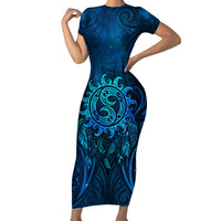 New Zealand Dream Catcher Short Sleeve Bodycon Dress Maori Koru Pattern Blue Version