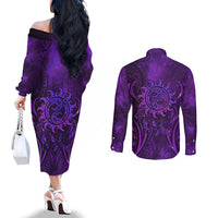 New Zealand Dream Catcher Couples Matching Off The Shoulder Long Sleeve Dress and Long Sleeve Button Shirt Maori Koru Pattern Purple Version LT05 - Polynesian Pride