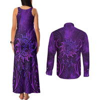 New Zealand Dream Catcher Couples Matching Tank Maxi Dress and Long Sleeve Button Shirt Maori Koru Pattern Purple Version LT05 - Polynesian Pride